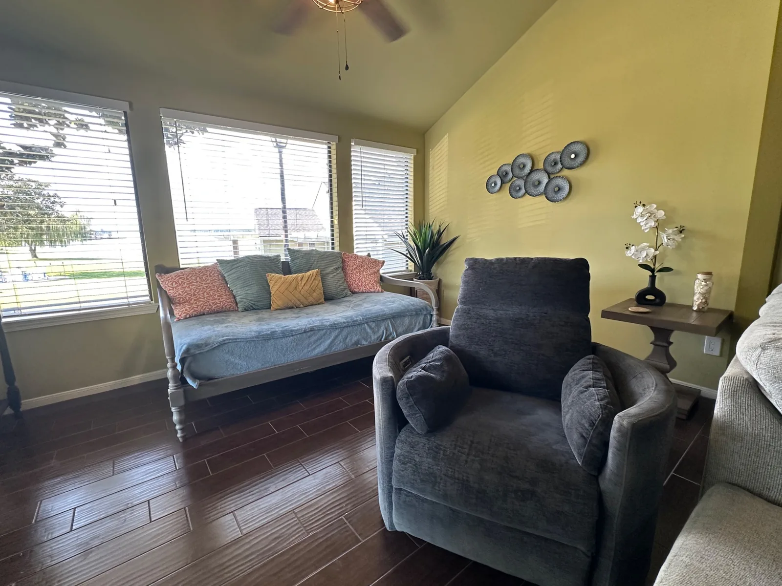 Lake-facing living area at Casa Sunset Lake Conroe with large windows toward the water